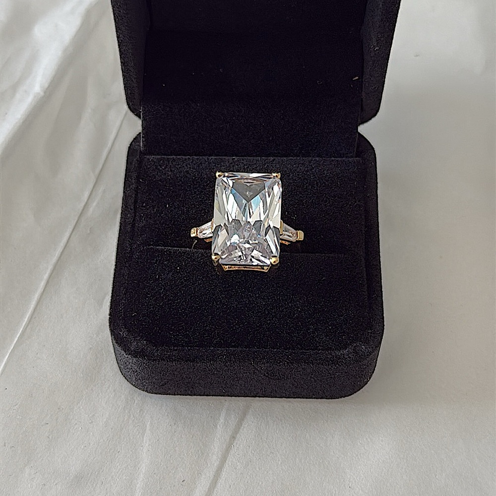 Vanessa Mooney Gold Ring with Large Clear Emerald-Cut Stone